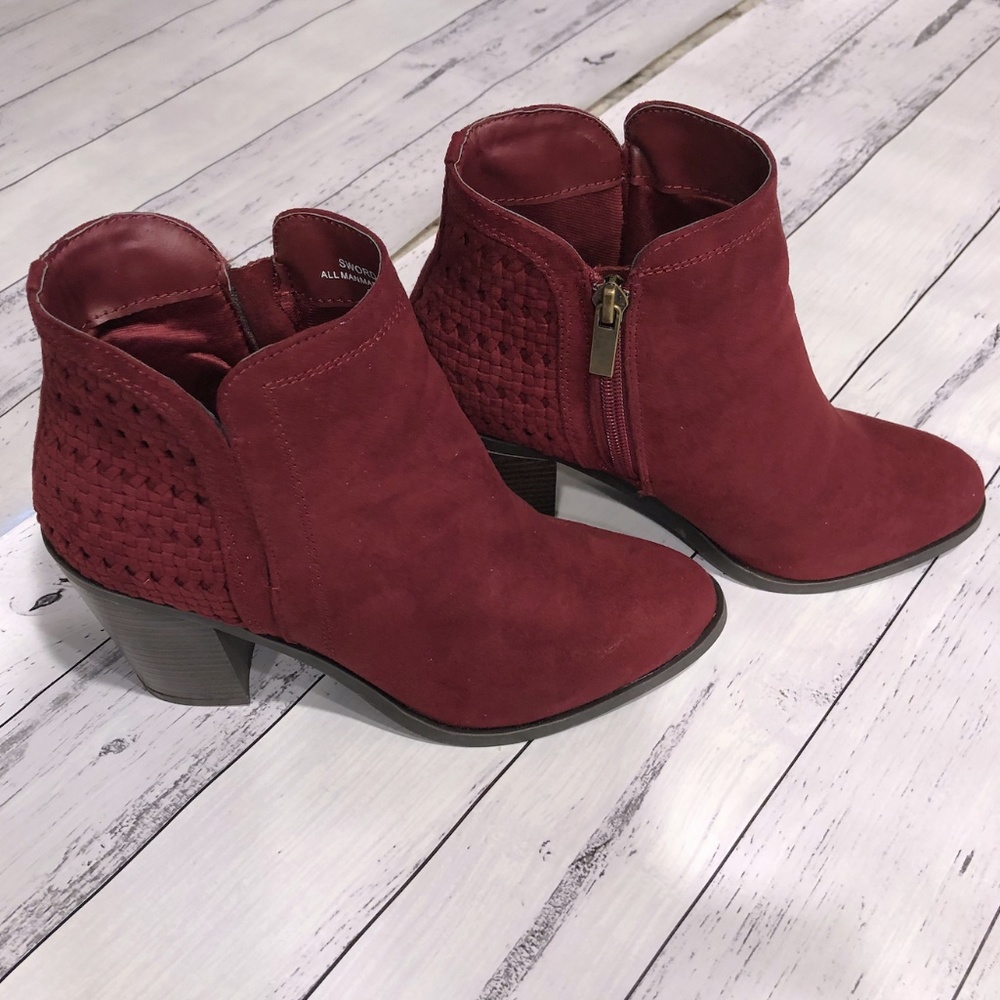 Burgundy Faux Suede Pointy Toe Ankle Boots